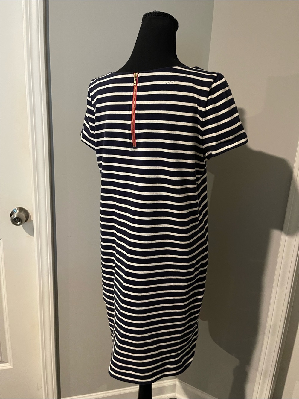 LOFT Navy and White Striped Short Sleeve Shift Dress with Red Zip